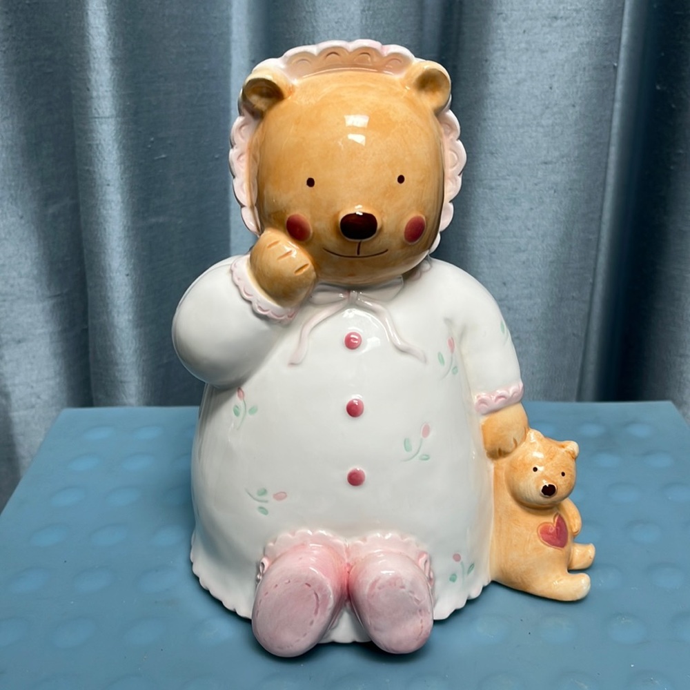 Ceramic Coin Bank/Piggy Bank - Bear in Nightgown & Bonnet holding a Teddy Bear